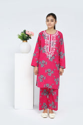 Plum 100% Cotton Lawn Dark Pink Colour Printed Grey Flowers Embroidered Light Pink threads On Stitched 2 pc suit for Girls.